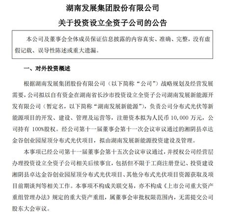 注冊資本1億元，湖南發展成立新能源公司，聚焦自有資金投資活動